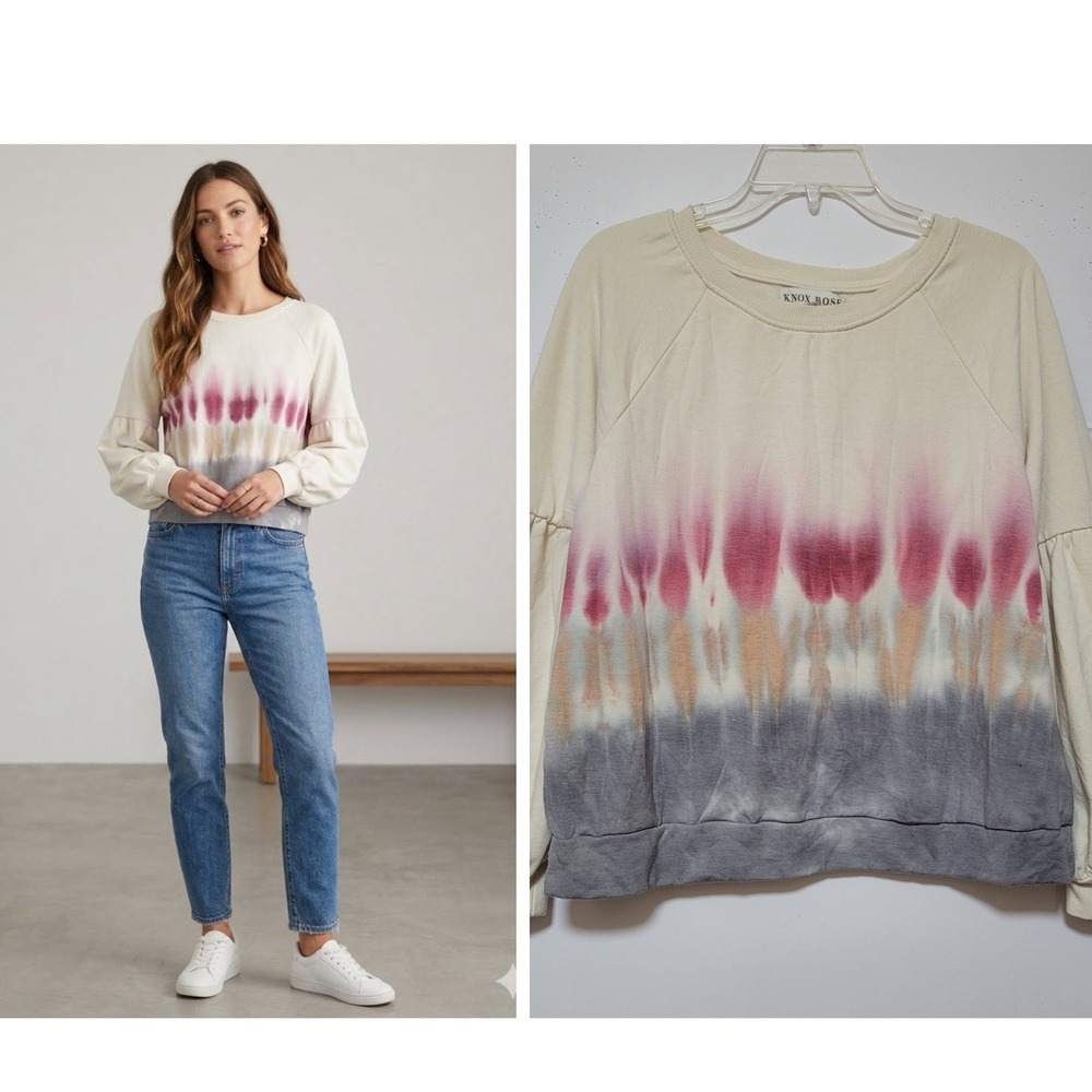 Knox Rose Sweatshirt Womens L Cream Pink Tie Dye Balloon Sleeve Boho Athletic